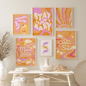 Trendy Gallery Wall Prints, Retro Art Print Bundle S70s Aesthetic Pink Gelb und Orange Wand Prints, Bunte Funky Poster