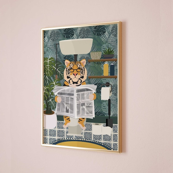 Funny Bathroom Art, Funky Wall Art, Tiger Reading Paper Tropical Bathroom Decor, Fun Animal Art, Retro Decor, Trendy Printable Poster