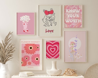 Colorful Boho Wall Art, Retro Art Print, Digital Download Set of 6, Trendy Pink and Red Poster Bundle, Boho Aesthetic Prints Dorm Poster