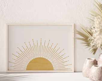 Horizontal Sun Print, Retro Sunset Minimalist Print, Printable Wall Art Boho, Sunshine Poster Print, Above Bed Decor Sunrise Art Printable