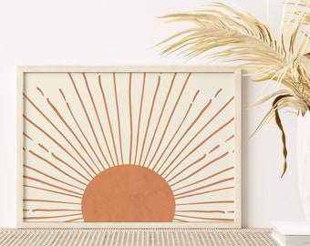 Boho Sun Horizontal Print, Terracotta Poster, Modern Sunrise Poster Print, Boho Print Sunset Wall Art, Sun Nursery Print Rust Color Sun Art