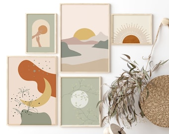 Boho Gallery Wall Print Set, Modern Boho Prints, Matching Rust Poster Prints Set of 5, Downloadable Prints, Sage Green Above Bed Wall Art