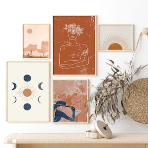 Burnt Orange Gallery Wall Set, Modern Boho Print Set, Matching Rust Poster Prints Set of 5, Instant Download, Digital Art, Above Bed Decor,