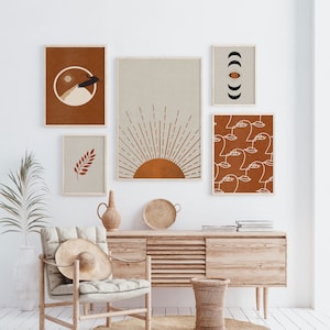Terracotta Print Set of 5, Gallery Wall Set, Above Bed Art For Boho Bedroom, Mid Century Modern Poster Prints, Terracotta Wall Art
