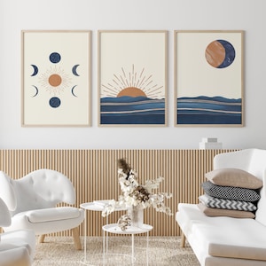 Celestial Sun And Moon Wall Art Boho Sun Rise Art Moon Phases Print Rising Sun Wall Art Printable Set Of 3 Sun Poster  Moon Phases  Print