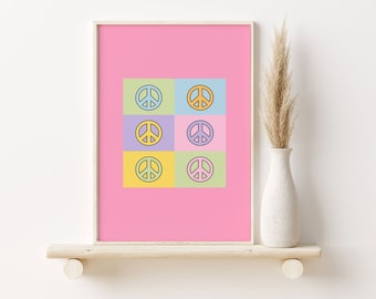 Trendy Wall Art Retro Peace Sign Poster, Teen Room Decor, Pink Aesthetic Edgy Decor, Modern Colorful Wall Print, Retro Sun Print Printable