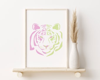 TIGER WAND KUNST, Retro Tiger Print Pastell rosa und grün, über dem Bett Dekor, sofortiger Download druckbare Tiger Kunstdruck moderne Boho Tiger Print