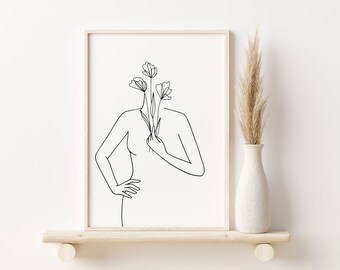 Woman Body Line Art With Flower Head, Modern Minimalist Art, Line Art Poster, Printable Wall Art, Flower Line Art, Art Print Line Drawing,