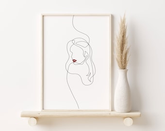 Kvinnlig linjekonst Chic Boho-tryck, Kvinnlig kroppslinjekonst, Enlinjeteckning Kvinna med röda läppar, Minimal kvinnasilhuett Väggkonstteckning