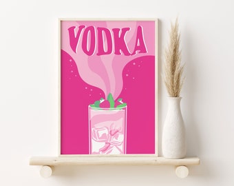 Trendy Pink Print Retro Style Drinks Poster, Vodka Print, Modern Retro Wall Art, Printable Bar Art, Home Bar Decor, Trendy Wall Art Pink