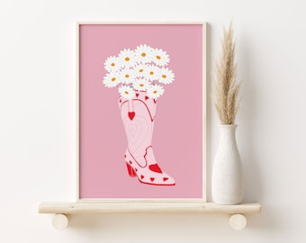 Trendy Pink and Red Print, Retro Style Poster, Cowgirl Boots With Flowers Modern Wall Art, Printable Wall Art, Cute Dorm Decor