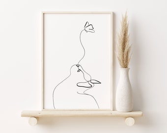 Cat And Butterfly Line Art, Single Line Art, Animal Line Art, Digital Download, Minimal Black and White Abstract Art, Poster Print, Wall Art