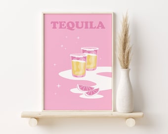 Tequila Illustration, Trendy Retro Print, Yellow Tequila Cocktail Print, Colorful Boho Wall Art, Printable Bar Art, Bar Prints Modern Retro