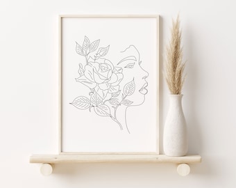 WOMAN LINE ART - Abstracte Gezichtsprint - Vrouwen met bloem kunst aan de muur - Digitaal downloadbaar wanddecoratie
