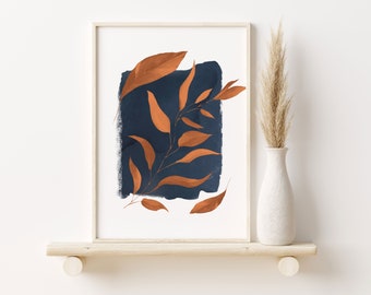 Mid Century Modern Art Print, Boho Botanical Large Leaf Print Rust and Navy Poster Boho Decor Bedroom Wall Art, Burnt Orange Plant Art Print