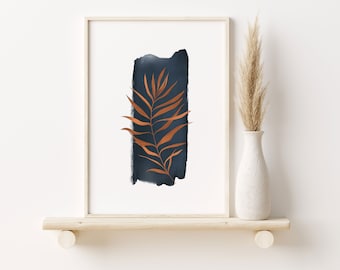 Stampa d'arte moderna della metà del secolo, arredamento Boho, arte murale stampabile, stampa botanica, poster arancione bruciato e blu navy Poster moderno della foglia della camera da letto