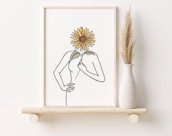 Modern Minimalist Art Female Line Drawing, Woman Flower Head Print, Minimal Line Drawing Woman, Female Body Print, Floral Feminist Art