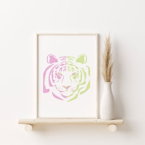 TIGER WALL ART, Retro Tiger Print Pastel Pink and Green, Above Bed Decor, Instant Download Printable Tiger Art Print Modern Boho Tiger Print