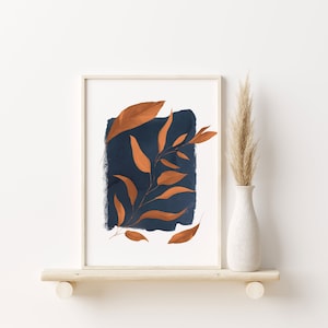 Mid Century Modern Art Print, Boho Botanical Large Leaf Print Rust and Navy Poster Boho Decor Bedroom Wall Art, Burnt Orange Plant Art Print
