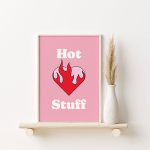 Linda impresión rosa y roja, póster de estilo retro, póster de corazón llameante de cosas calientes, descarga digital, decoración de dormitorio de moda Y2K