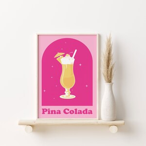 Impresión de piña colada, póster de cóctel colorido, impresión retro de los años 70, arte mural retro moderno de mediados de siglo, arte de bar imprimible, decoración de bar para el hogar