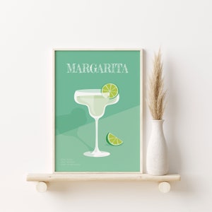 Impresión de cóctel colorido, impresión de bebida Margarita, DESCARGA DIGITAL cartel retro, arte del carrito de la barra, impresión verde salvia, arte de pared de moda rosa