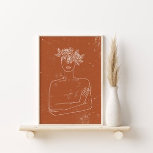 Femme avec des fleurs Art au trait, Boho Art Minimaliste Imprimé Boho Décor Imprimable Affiche d’art moderne du milieu du siècle Art moderne féminin Body Wall Art