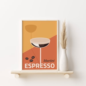 Impresión de cóctel, cartel amarillo anaranjado retro moderno de mediados de siglo, descarga digital, impresión de alcohol espresso martini cartel estético impresión de arte