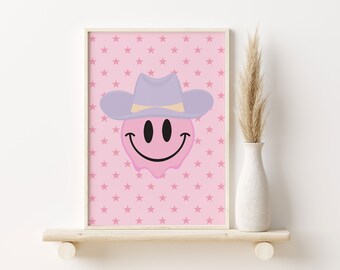 Digital nedladdning av preppy väggkonst, rosa cowgirl-tryck, västra väggkonst, cowgirl-väggkonst rosa smiley-ansikte trendig väggkonst pastellrosa konst