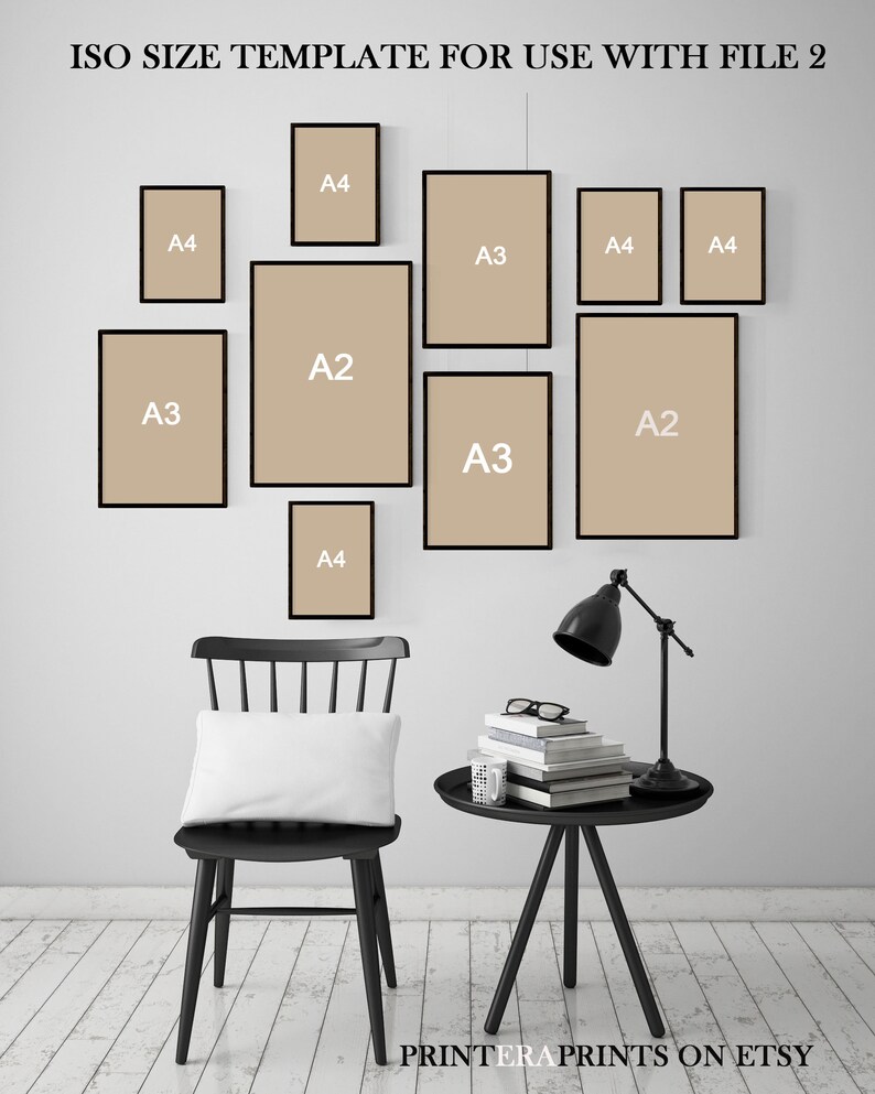 May include: A template showing how to arrange different sizes of prints on a wall. The sizes are labeled A2, A3, and A4. The template includes a black chair with a white pillow, a black side table with a lamp, and a stack of books.