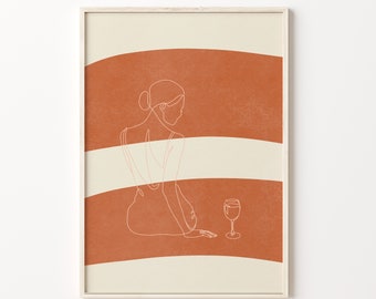 Minimalist Line Art, Women with Wine Glass, Terracotta Wall Art, Modern Home Decor, Trendy Line Art Print, Printable Wall Art