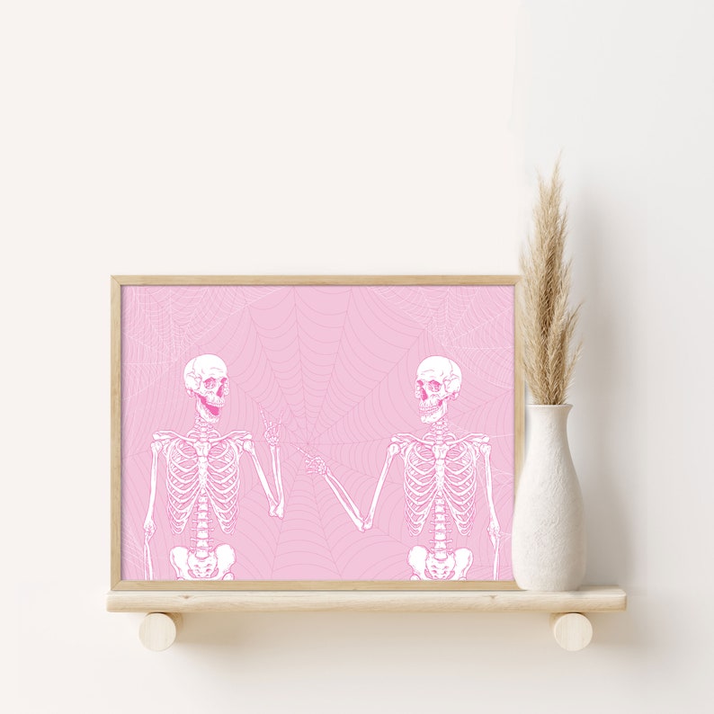 Trendig rosa Halloween-utskrivbar, rolig skelettväggkonst, söt Halloween-tryck, digital väggkonst, skeletttryck bild 5