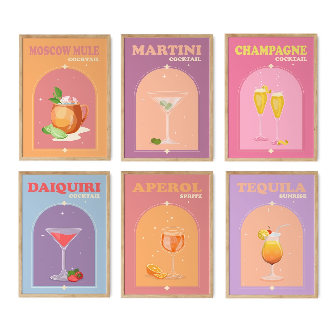 Cute Bar Cart Prints, Cocktail Prints Set of 6, Trendy Retro Wall Art ...