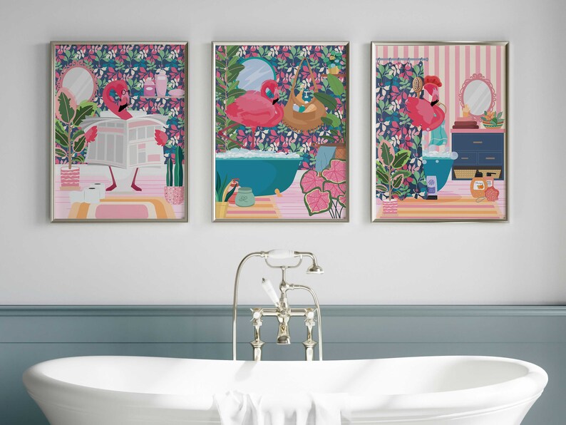Retro Bathroom Art 3 Piece Wall Art Flamingo Prints Modern - Etsy