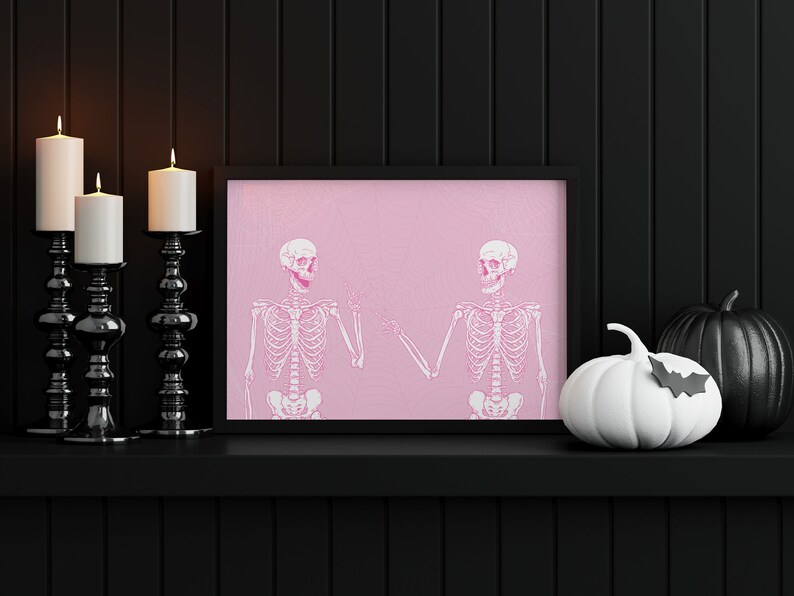 Trendig rosa Halloween-utskrivbar, rolig skelettväggkonst, söt Halloween-tryck, digital väggkonst, skeletttryck bild 6