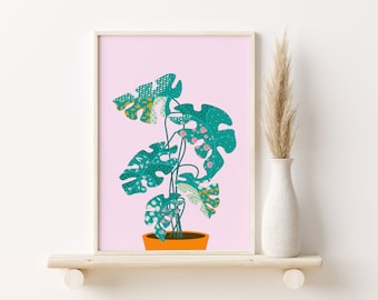 Funky Plant Printable | Original Design Abstract Botanical Wall Art | Colorful Monstera Leaf Wall Art | Modern Boho Trendy Printable Art