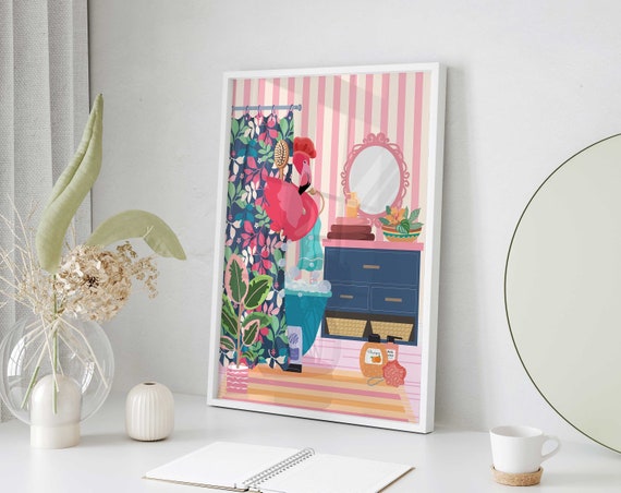 Quirky Bathroom Wall Art, Colorful Flamingo Art, Flamingo In Shower Poster, Trendy Maximalism Art, Funky Wall Art, Eclectic Bohemian Print