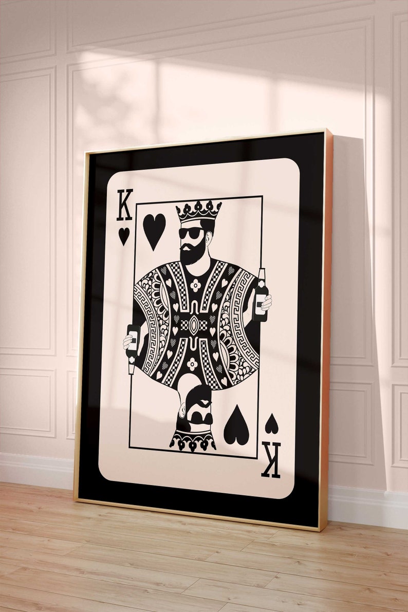 Trendy Retro Wall Art, King of Hearts Poster, Bar Cart Art, Playing