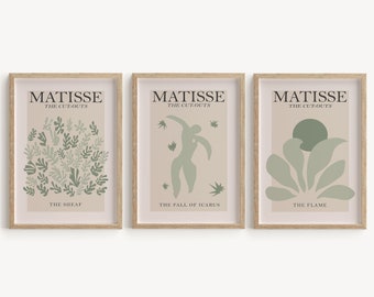 Matisse Print 3er Set Salbeigrüne Wand Kunstdrucke, DIGITAL DOWNLOAD zeitgenössische abstrakte Boho Wandkunst