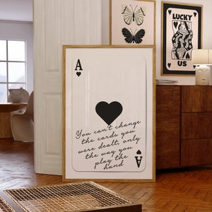 Arte de pared retro de moda, cartel de Ace Of Hearts, descarga digital, decoración de dormitorio, arte de pared de apartamento, arte imprimible en blanco y negro