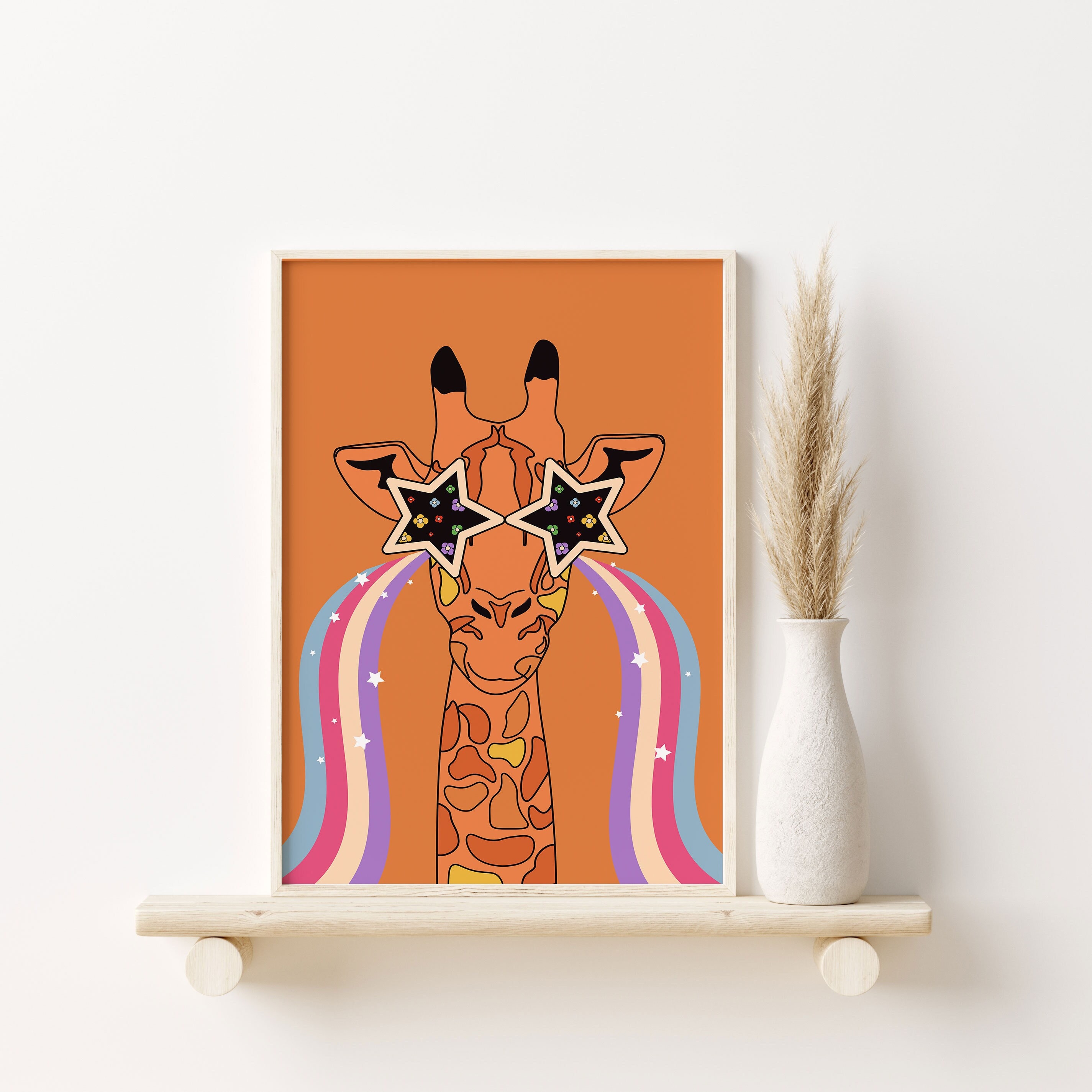 Retro Giraffe Print Funky Giraffe Wall Art With Rainbow Etsy
