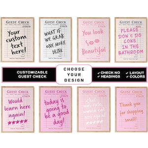 Può includere: Otto modelli di scontrini per ospiti stampabili con sfondi rosa e bianchi. I design presentano varie frasi come "Sei così bella", "Che ne dici di prendere un altro drink?", "Vorrei imparare qui di nuovo!" e "Grazie per aver fatto acquisti!"