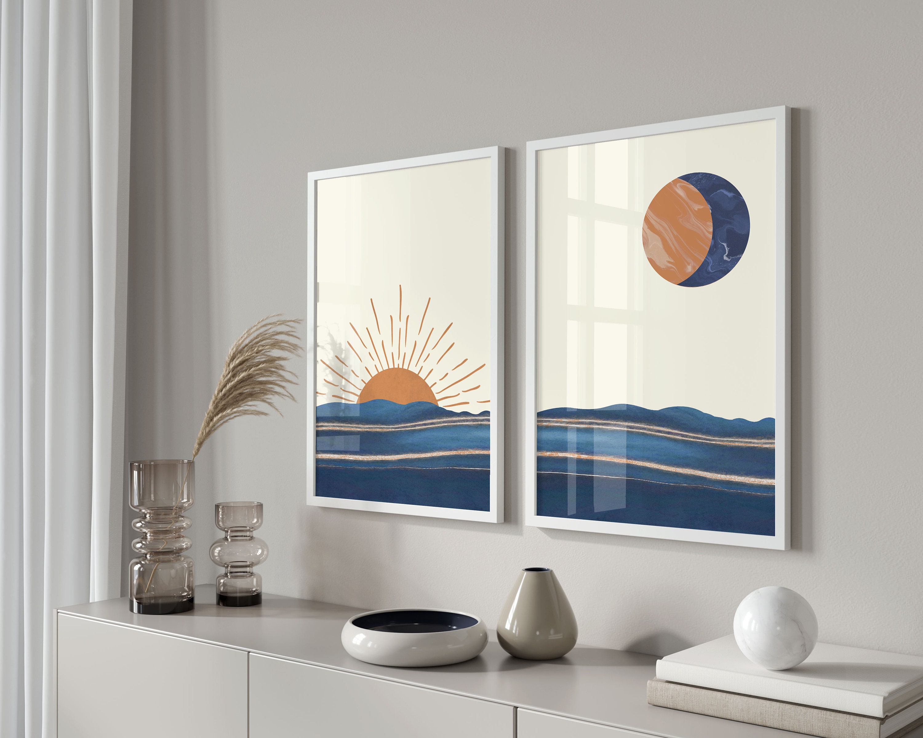 Sun and Moon Wall Art Abstract Art Minimalist Wall Art Set Etsy