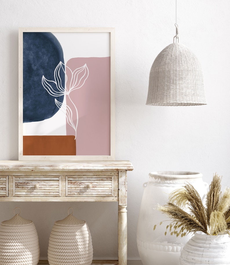 Abstract Flower Wall Art Botanical Art Print Navy Blue Rust Etsy