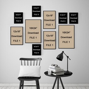 May include: A gallery wall guide with instructions for printing different sizes of prints. The guide includes a diagram of a wall with various sized frames, including 8.5x11 inches, 12x18 inches, and 16x24 inches. The text "FILE 1 AND 5 REFER TO FILES NEEDED TO PRINT THESE SIZES" is at the top of the image.