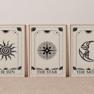 Celestial Wall Art, Sun Moon Stars Print set of 3, Tarot Art Prints, Boho Sun Wall Wall Print, Neutral Beige Wall Decor, Boho Poster Print