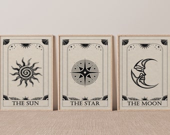 Celestial Wall Art, Sun Moon Stars Print set of 3, Tarot Art Prints, Boho Sun Wall Wall Print, Neutral Beige Wall Decor, Boho Poster Print