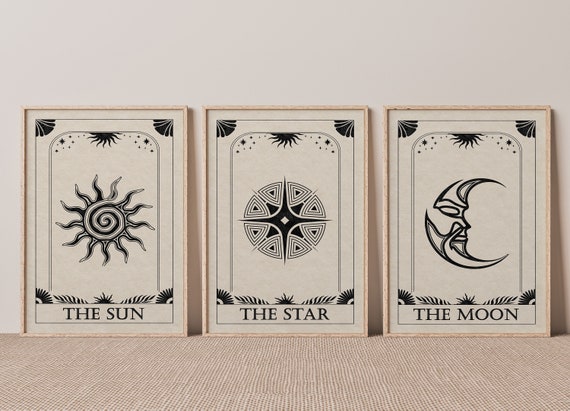Celestial Wall Art, Sun Moon Stars Print set of 3, Tarot Art Prints, Boho Sun Wall Wall Print, Neutral Beige Wall Decor, Boho Poster Print