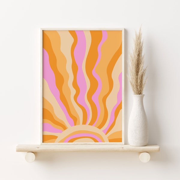 Trendy Retro Sun Wall Print | Colorful Boho Wall Art | Digital Download | Pink Yellow and Orange Poster | Prints Modern Retro Dorm Decor