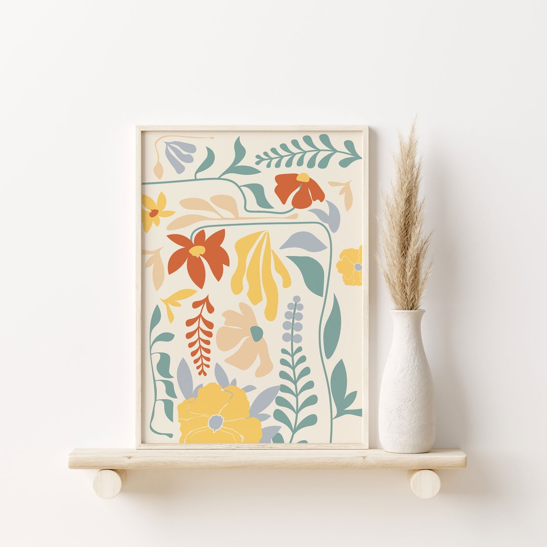 Boho Flower Print, Mid Century Modern Retro Rust and Yellow Poster ...
